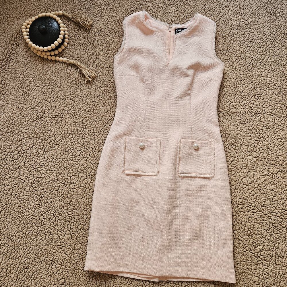 Karl Lagerfeld Pale Pink Mini Shift Dress with Pearl Pocket Buttons